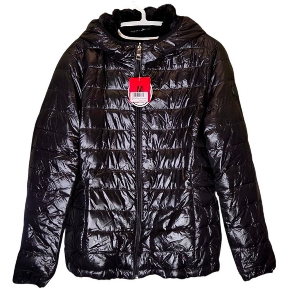 Reversible Shiny Nylon Faux Fur Hooded Puffer Pockets Washable NWT sz M